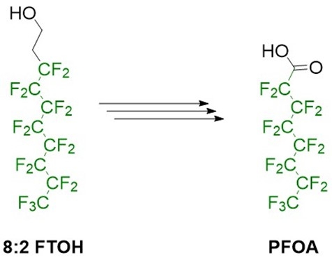 Figure 1. A generalized transformation process for 8:2 fluorotelomer alcohol (8:2 FTOH) to perfluorooctanoic acid (PFOA). A proposed biodegradation pathway is thought to proceed through the 8:2 fluorotelomer aldehyde (8:2 FTAL), 8:2 fluorotelomer carboxylate (8:2 FTCA), and several more intermediates, including 8:2 FTUCA, and 7:2 sFTOH.  Reference: Wang N, Szostek B, Buck RC, Folsom PW, Sulecki LM, Gannon JT. Chemosphere 2009, 75(8), 1089-1096. 