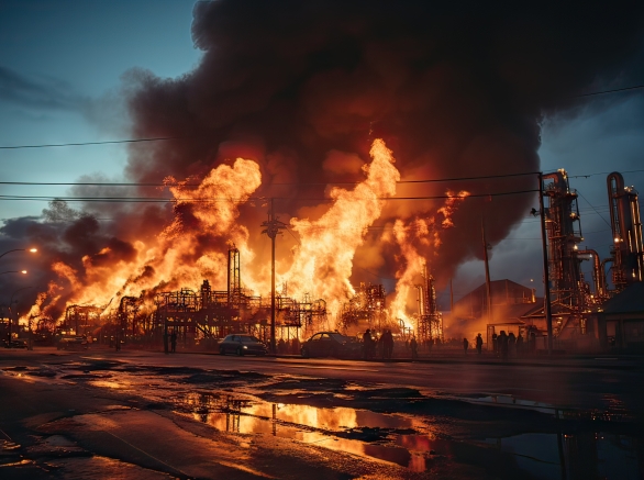 Oil depot fire at night. Dark smoke billowing from the fuel depot. Dramatic scene of an industrial fire at an oil refining factory. Emergency and disaster concept.