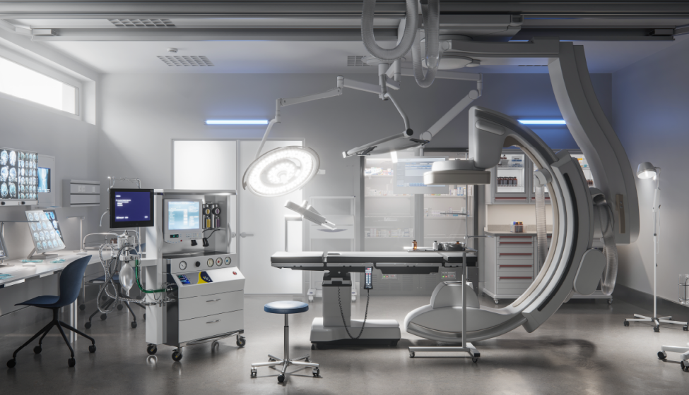 An empty robotic surgery system is lit and appears ready for use, with MRI images in the background
