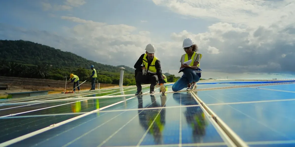 Workers inspecting solar panels