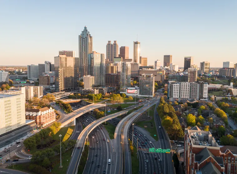 Drone photo of downtown Atlanta, Georgia USA.