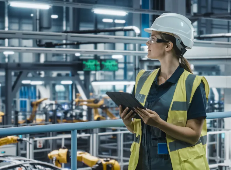 Female Car Factory Engineer in High Visibility Vest Using Tablet Computer