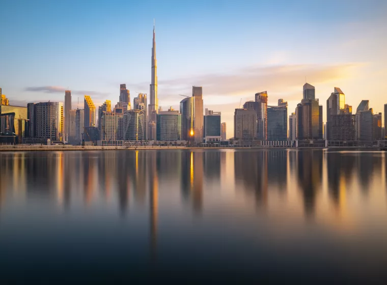 Long Exposure of The Business Bay Dubai City Skyline at Twilight