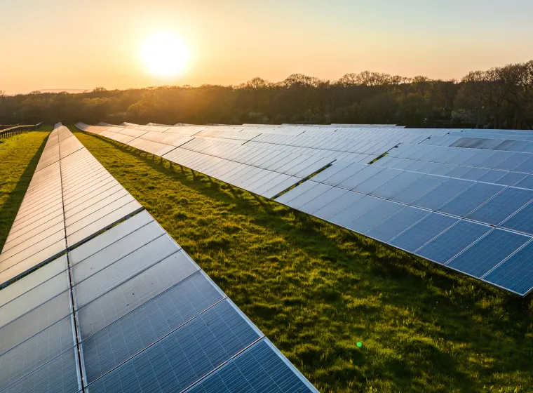 Solar power farm in the evening, West Sussex, UK.