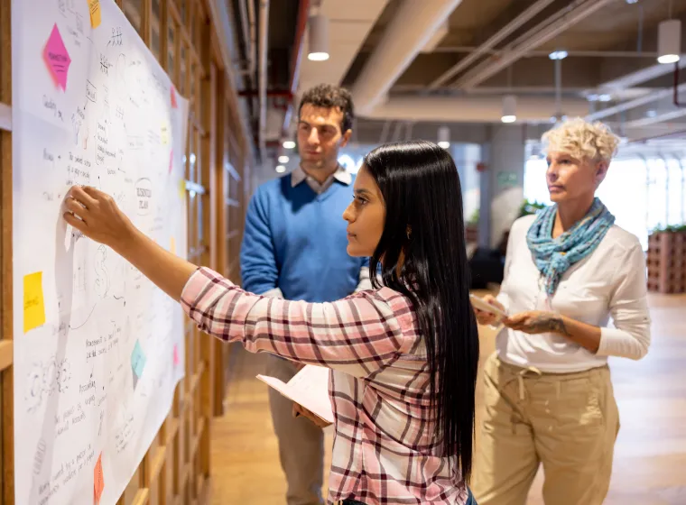 Latin American business team brainstorming at the office while creating a business strategy