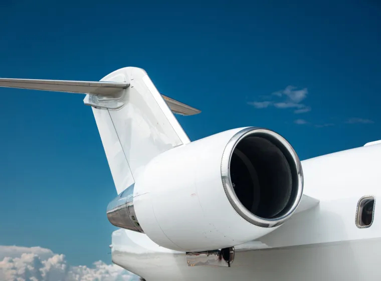 Private jet airplane engine close up