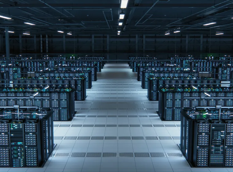 Modern Data Technology Center Server Racks Working in Well-Lighted Room. Concept of Internet of Things, Big Data Protection, Storage, Cryptocurrency Farm, Cloud Computing. Mining Facility Warehouse.