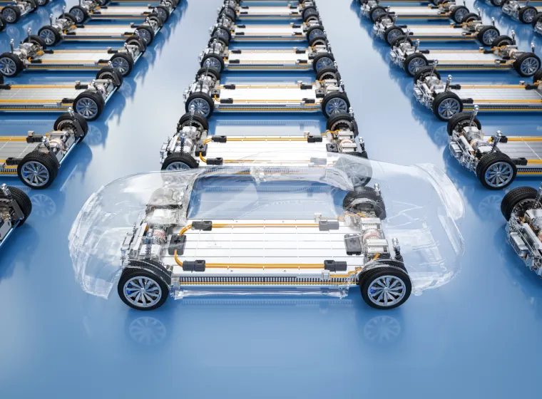 3d rendering electric cars assembly line with pack of battery cells module on platform
