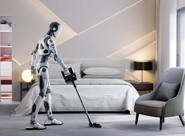 Robot assistant doing vacuuming a room. Home helper. Smart assistant. 3D illustration