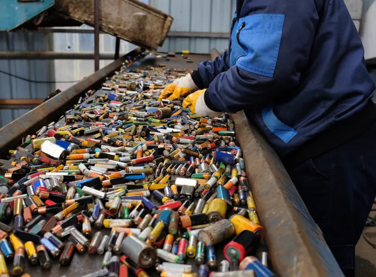A worker in blue attire and protective gloves sorts through a heap of assorted spent batteries on a conveyor belt at a recycling plant.