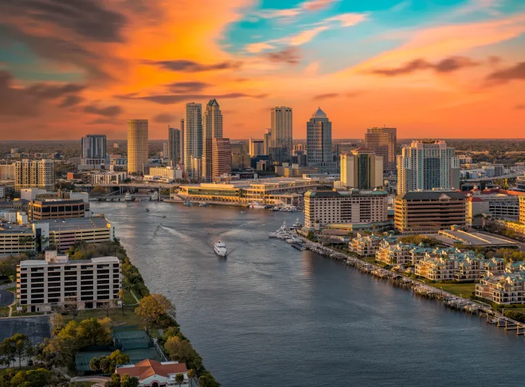 Aerial view of Tampa, Florida at sunset