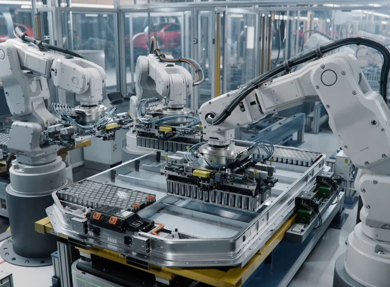 Industrial Robot Arms Assemble Lithium-Ion EV Battery Pack