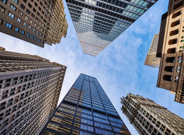  Upward View of Modern Skyscrapers in New York City