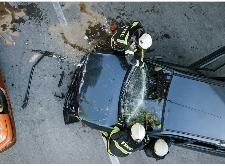 Aerial view of a car crash. Exponent engineers and scientists provide support for all types of accident investigations.
