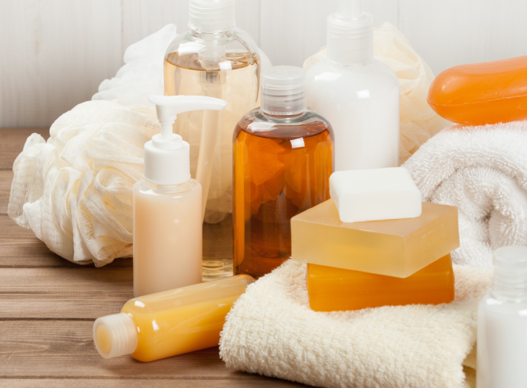 Natural beauty products and soaps neatly displayed on countertop. Exponent analyzes ingredients in personal care products.