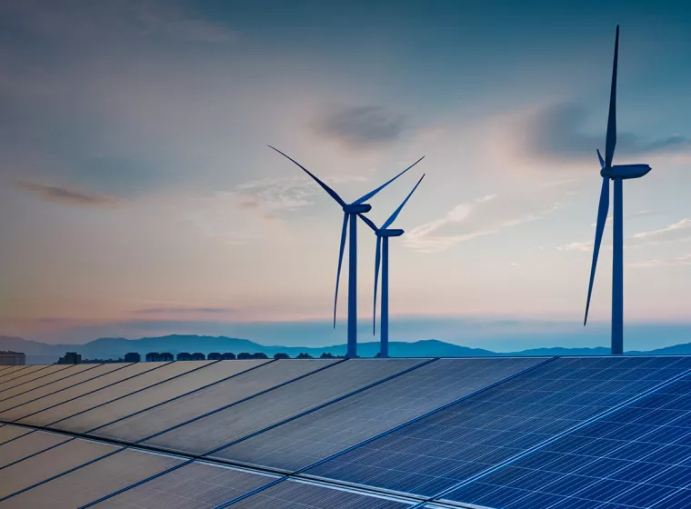 Solar and wind energy farm. Exponent provides expertise for all aspects of utilities management. 