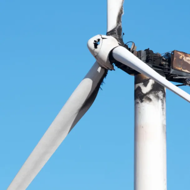 Damaged wind mill that has been burnt