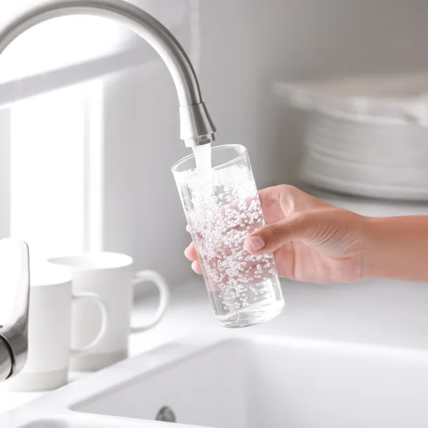 Woman pouring water into glass in kitchen, closeup