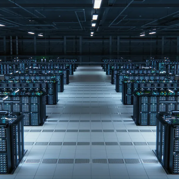 Modern Data Technology Center Server Racks Working in Well-Lighted Room. Concept of Internet of Things, Big Data Protection, Storage, Cryptocurrency Farm, Cloud Computing. Mining Facility Warehouse.