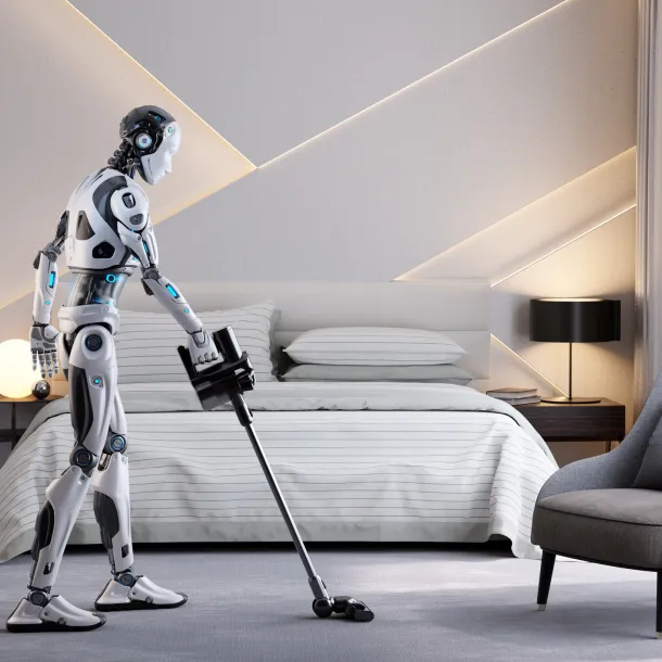 Robot assistant doing vacuuming a room. Home helper. Smart assistant. 3D illustration