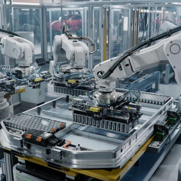Industrial Robot Arms Assemble Lithium-Ion EV Battery Pack