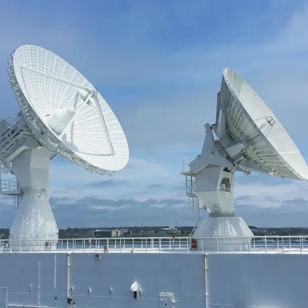 A pair of satellite dishes aboard a Missile Range Instrumentation Ship.