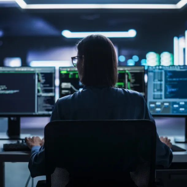 Back View of Female Telecommunications Manager Working in Research and Development Facility on a Desktop Computer in Modern Office. Focused Software Engineer Updating Server System Database