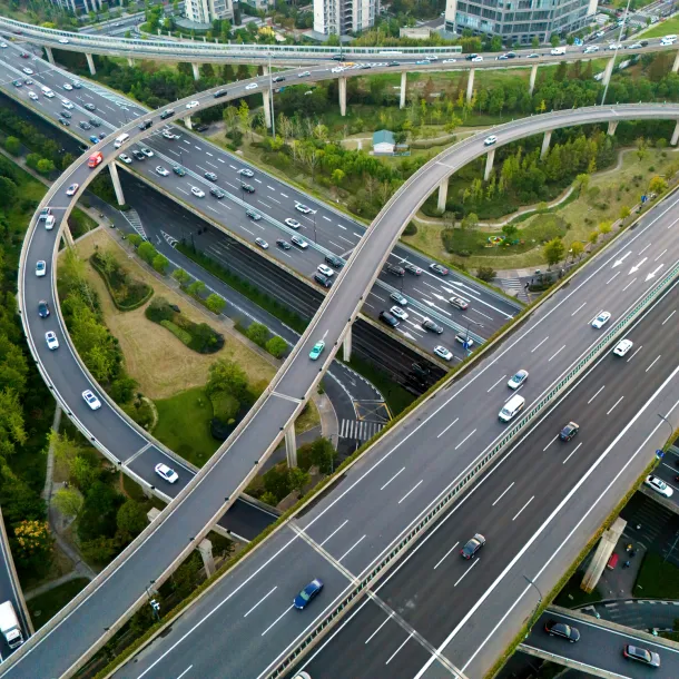 The city's ring road at sunset