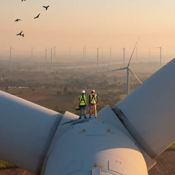 Workers assess wind and alternative energy. Exponent provide expertise for sustainability and climate change issues.