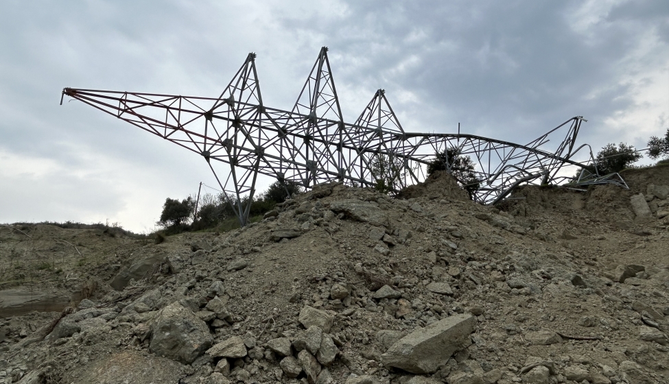 A utility tower fallen on its side following the Turkey earthquake