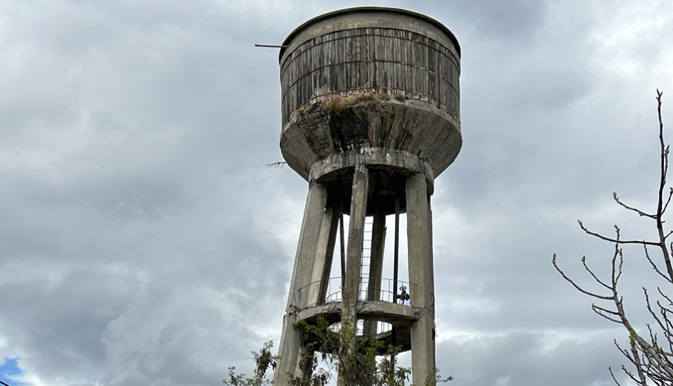An unstable water tower leaning to the right after the Turkey earthquake 