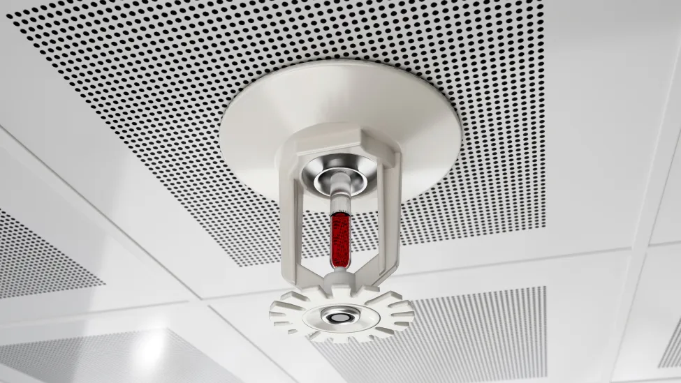 Fire sprinkler mounted on a white ceiling. The ceiling is composed of square tiles with a perforated pattern. The sprinkler is in the center of the frame and is angled slightly downwards.