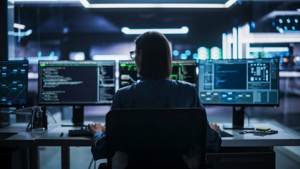 Back View of Female Telecommunications Manager Working in Research and Development Facility on a Desktop Computer in Modern Office. Focused Software Engineer Updating Server System Database