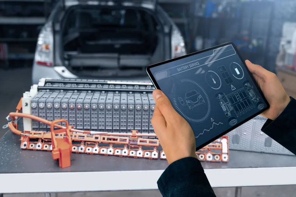 Checking the battery pack of an electric car at a service center.
