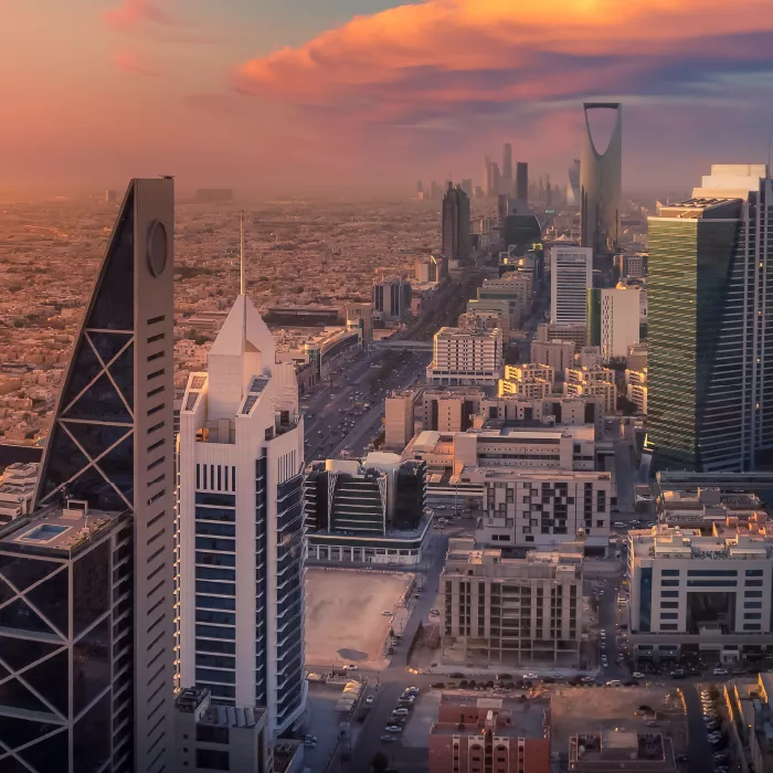 A view of the cityscape of Riyadh in Saudi Arabia with various skyscrapers