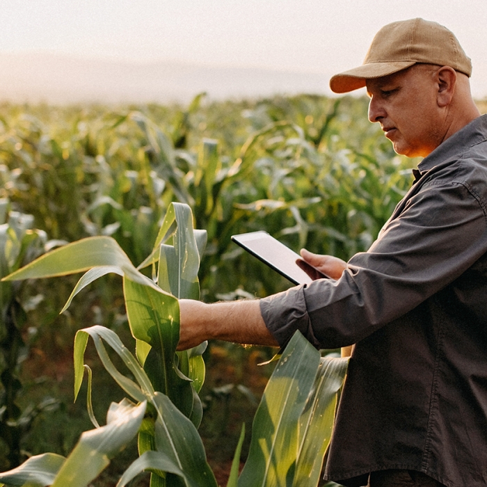 Crop consultant analyzes corn plants mid-summer. Exponent consultants help improve yield and safety of ag products.