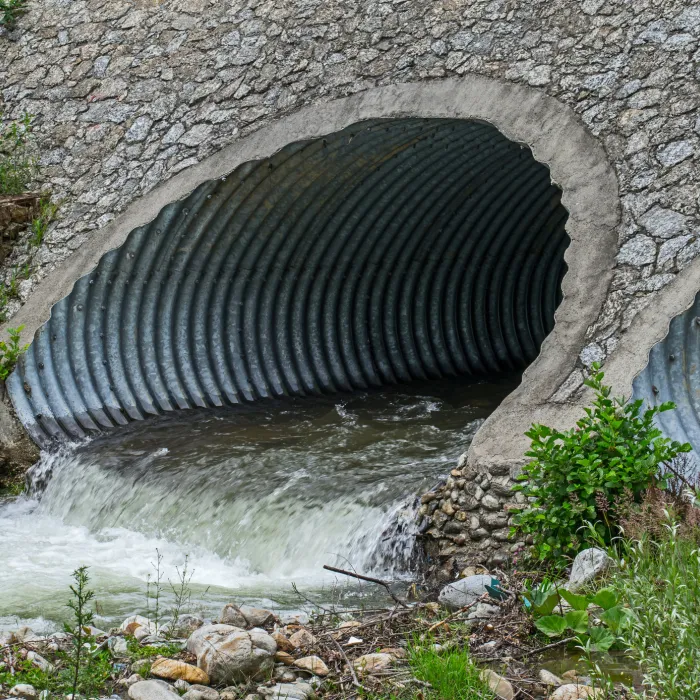 Water drains through pipes, under a bridge.