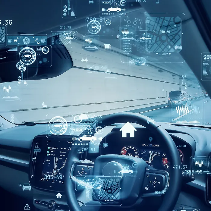 Cockpit of autonomous car. Driverless vehicle. Automotive technology.