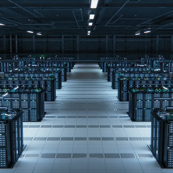 Modern Data Technology Center Server Racks Working in Well-Lighted Room. Concept of Internet of Things, Big Data Protection, Storage, Cryptocurrency Farm, Cloud Computing. Mining Facility Warehouse.