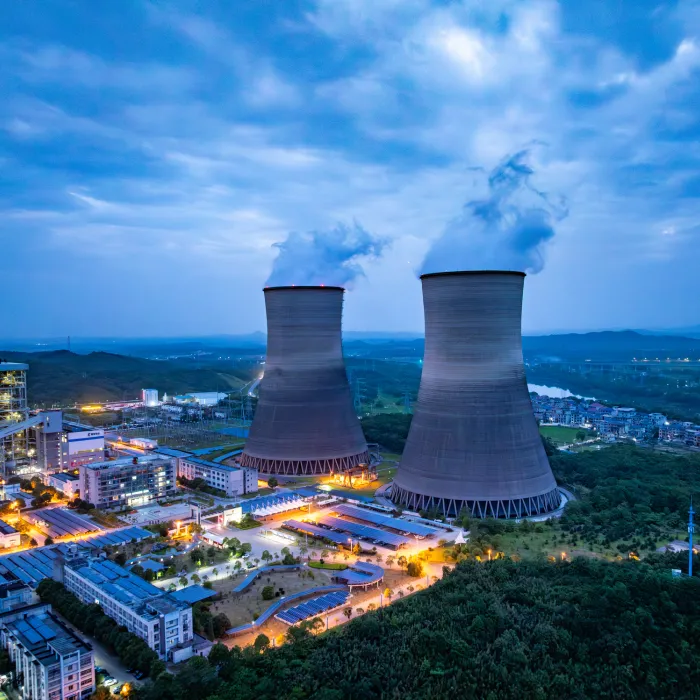Power Plant, thermal power plant, cooling towers at dusk
