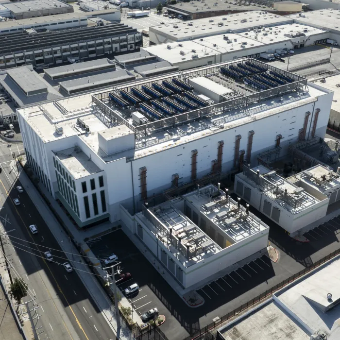 Afternoon sun shines on a data center facility in Vernon, California, USA.