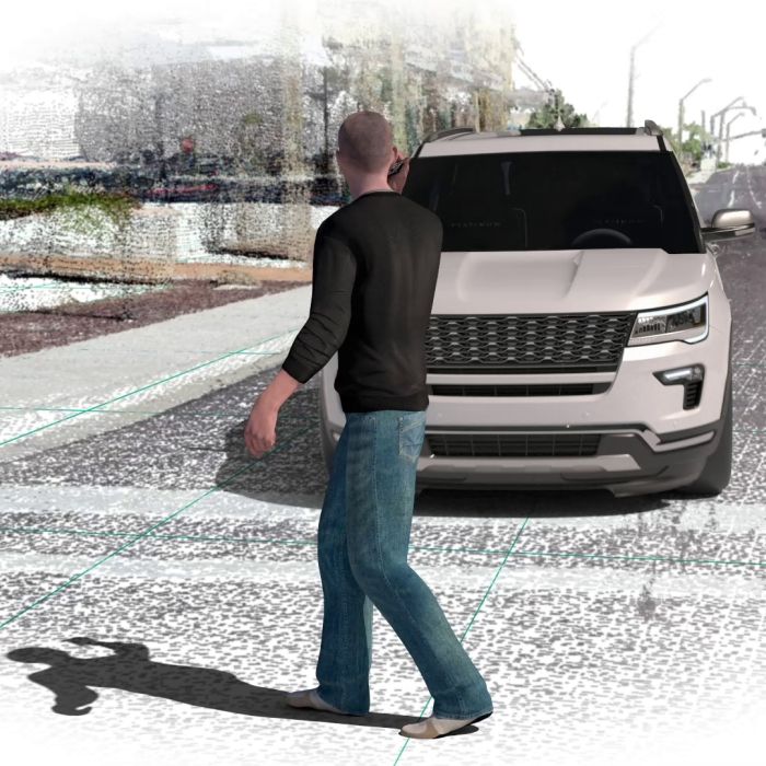 Visual Communication graphic of man walking in front of car