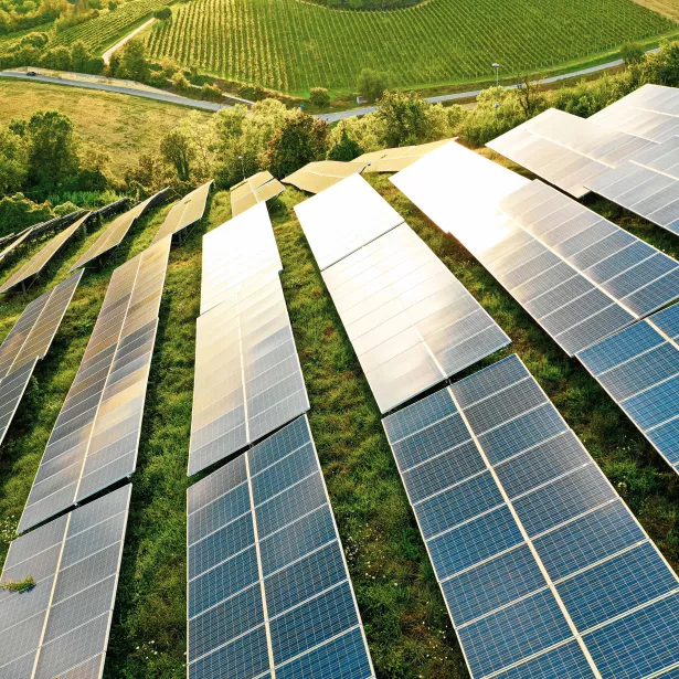 Multiple solar panels placed throughout a grassy field on a hill