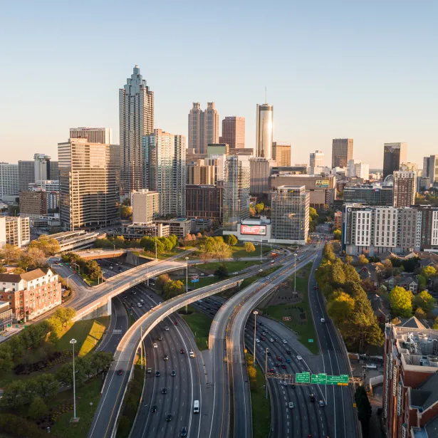 Drone photo of downtown Atlanta, Georgia USA.