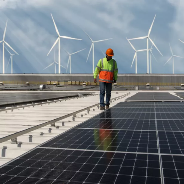 An alternative energy wind and solar farm. Exponent provides strategic support and research to improve wind and hydro power technologies. 