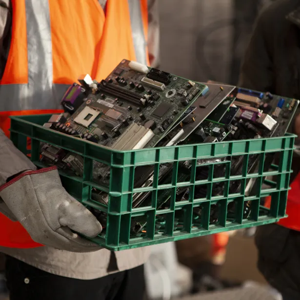Portrait of female and male recycling coworkers holding digital tablet and plastic box full of old mother boards while looking at the camera