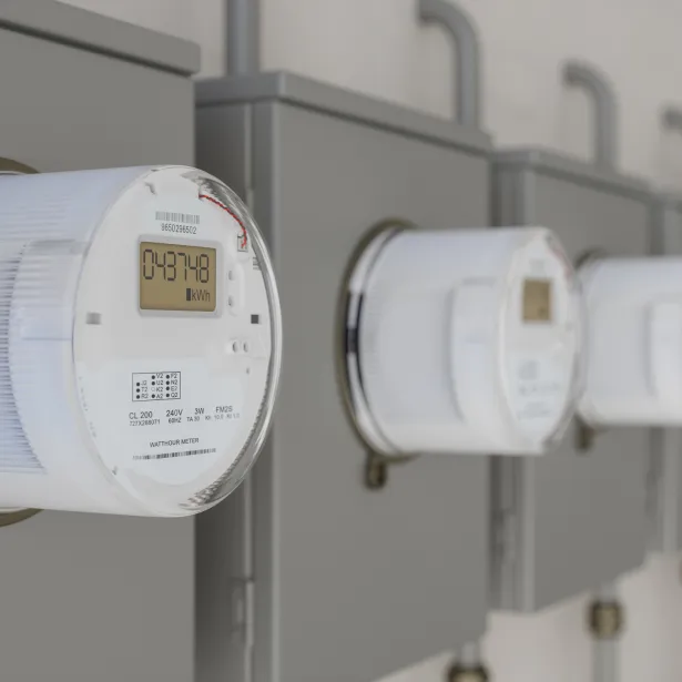 Close-up View Of Electric Meters On Wall With Blurred Background