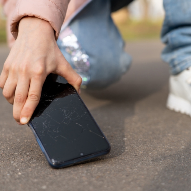 A person drops a cell phone on the sidewalk. Exponent studies the strength and fracture of glass to improve screen technologies.