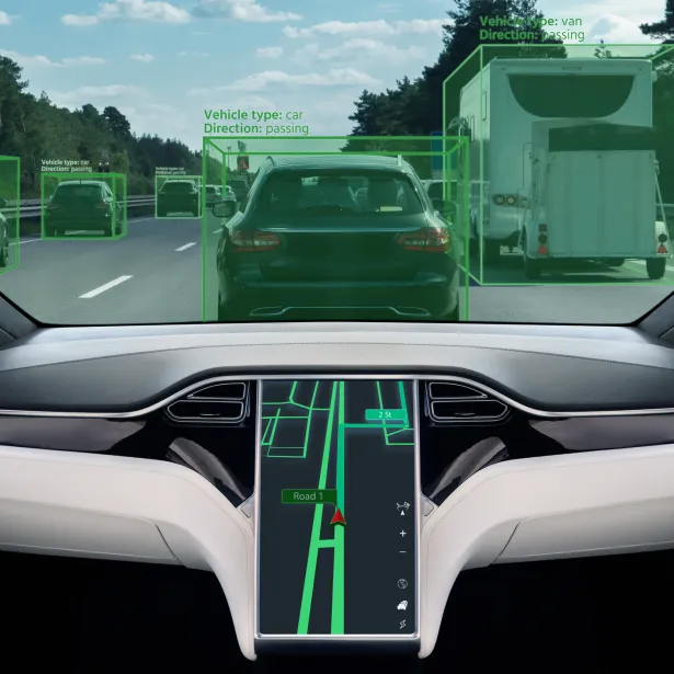 Self driving car on a road. Autonomous vehicle. Inside view.