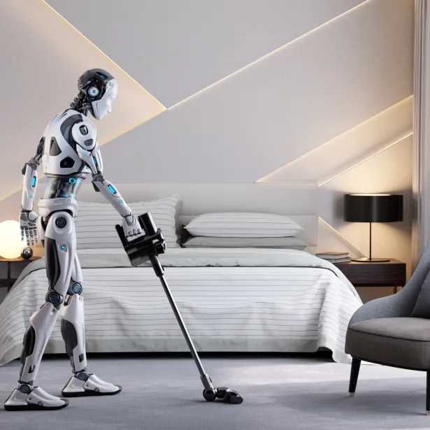 Robot assistant doing vacuuming a room. Home helper. Smart assistant. 3D illustration